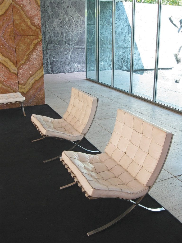 Barcelona Chairs in white leather — pair in contemporary interior