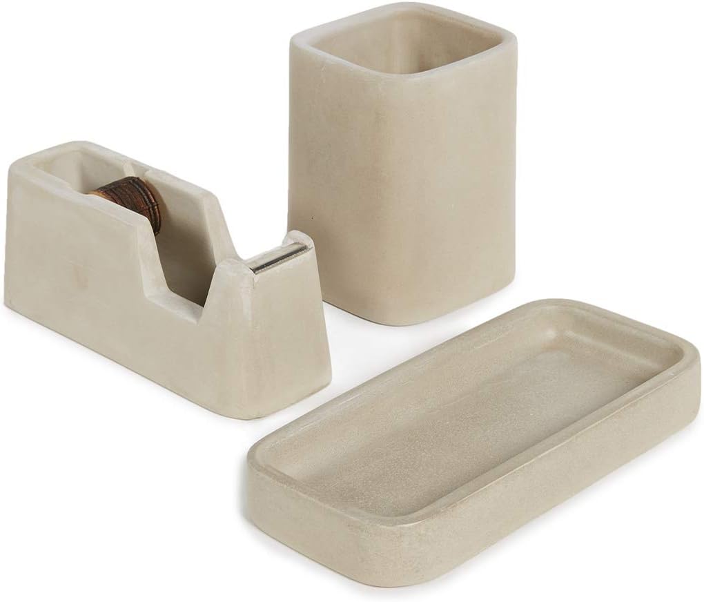 Areaware Concrete Desk Set with cast concrete tape dispenser pencil holder and tray