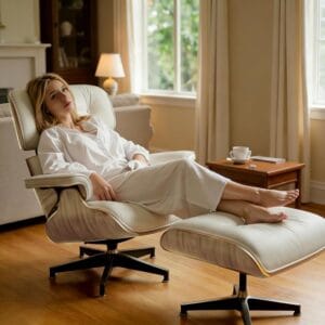 Tranqu mid-century leather chaise lounge and ottoman with walnut wood base