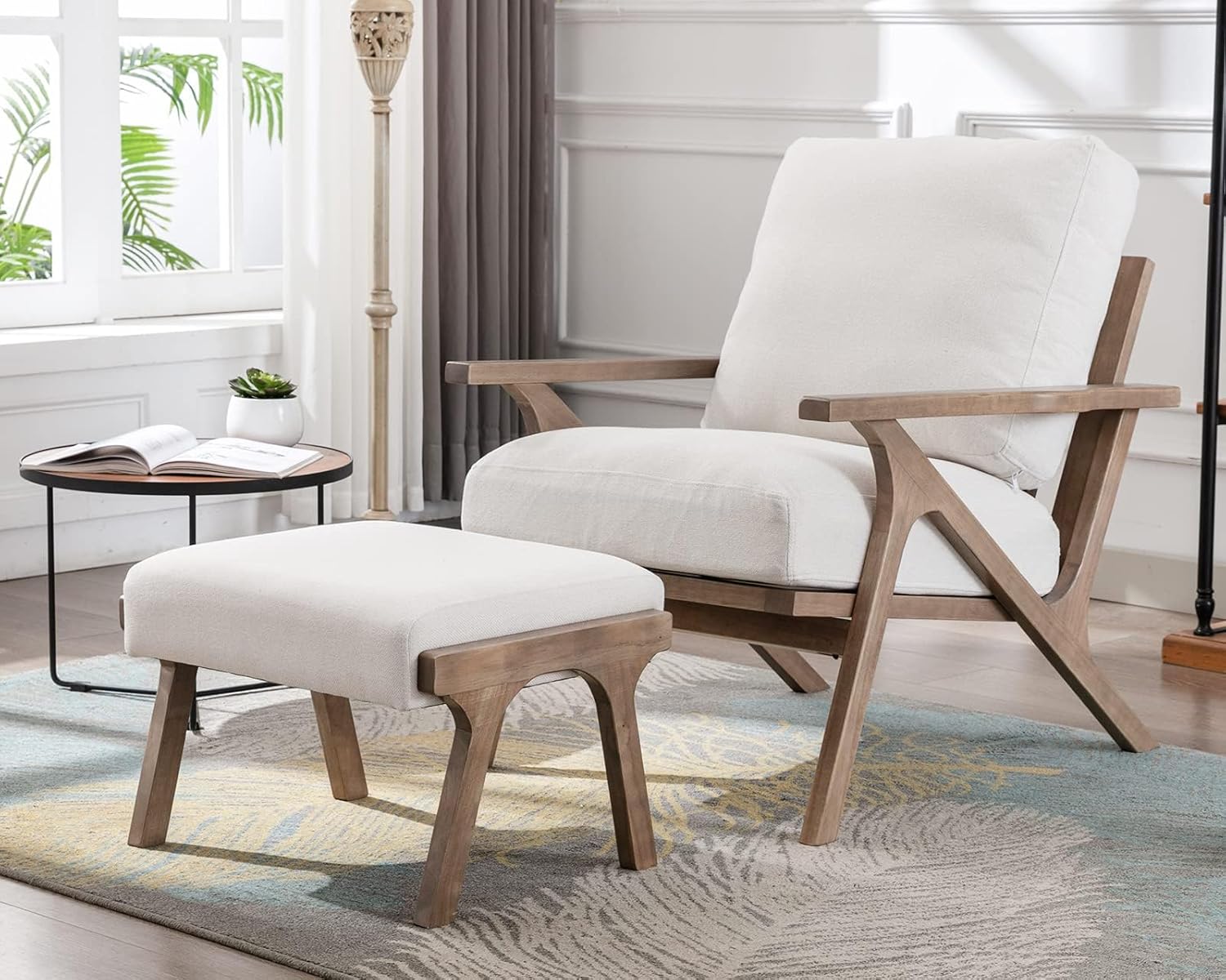 HNY mid-century modern linen accent chair with ottoman and solid wood frame