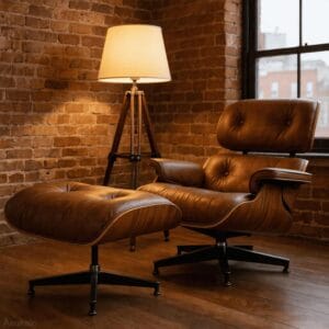Eames-style mid-century lounge chair and ottoman, walnut veneer shell, top grain leather upholstery