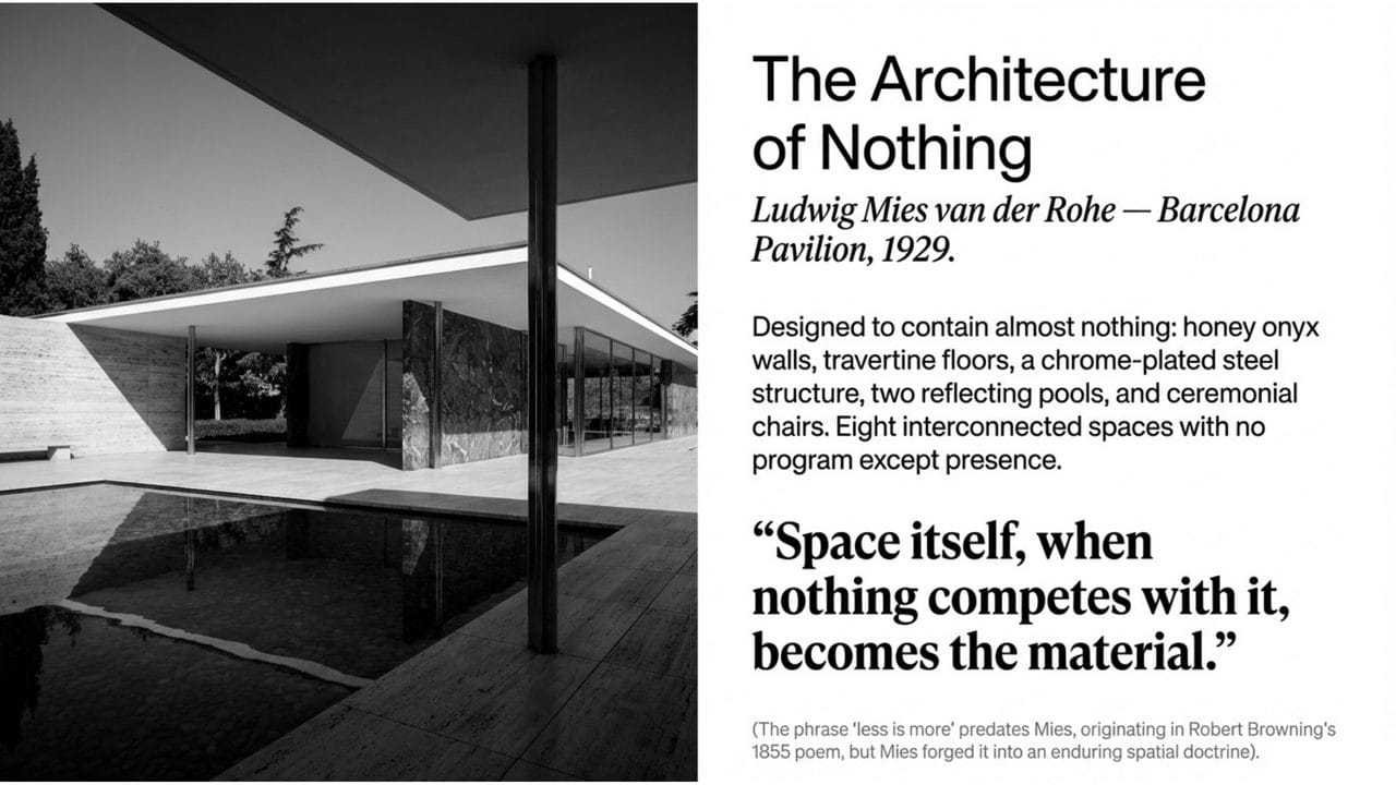 Ludwig Mies van der Rohe Barcelona Pavilion 1929 — space as the primary material, eight interconnected spaces with no program except presence