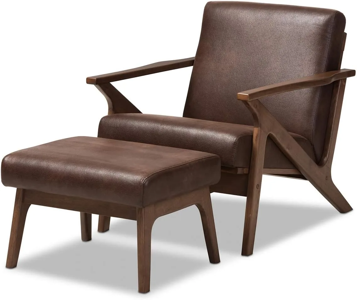 Baxton Studio Bianca mid century lounge chair and ottoman set in distressed brown faux leather