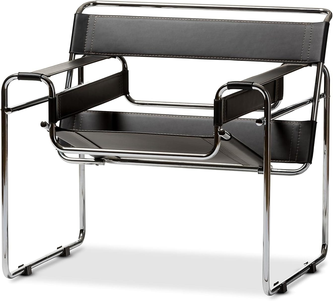 Baxton Studio Wassily-style accent chair with chrome tubular steel frame and black faux leather straps