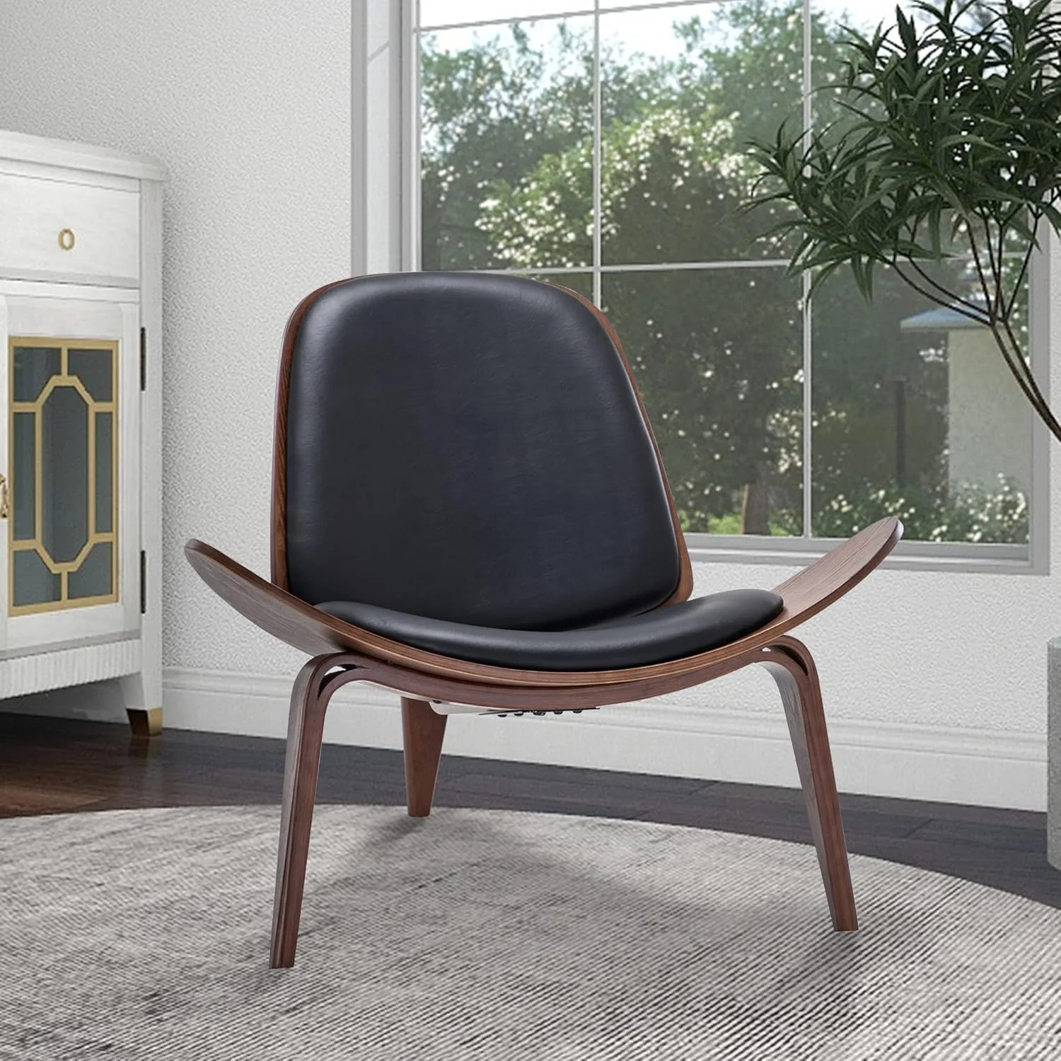 Belleze mid century modern tripod plywood lounge chair walnut with black leather
