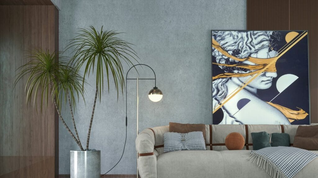 Modern interior with arc floor lamp and large abstract art print on wall