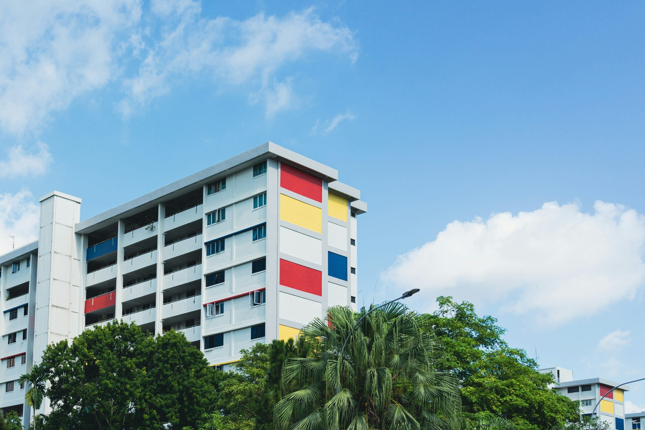 Building facade with Mondrian-inspired red yellow and blue color blocks representing Bauhaus design principles
