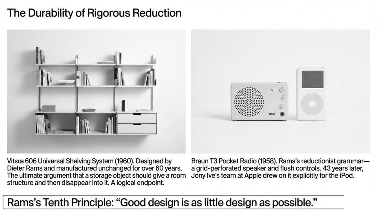Vitsoe 606 Universal Shelving System and Braun T3 Pocket Radio — Dieter Rams and the durability of rigorous reduction