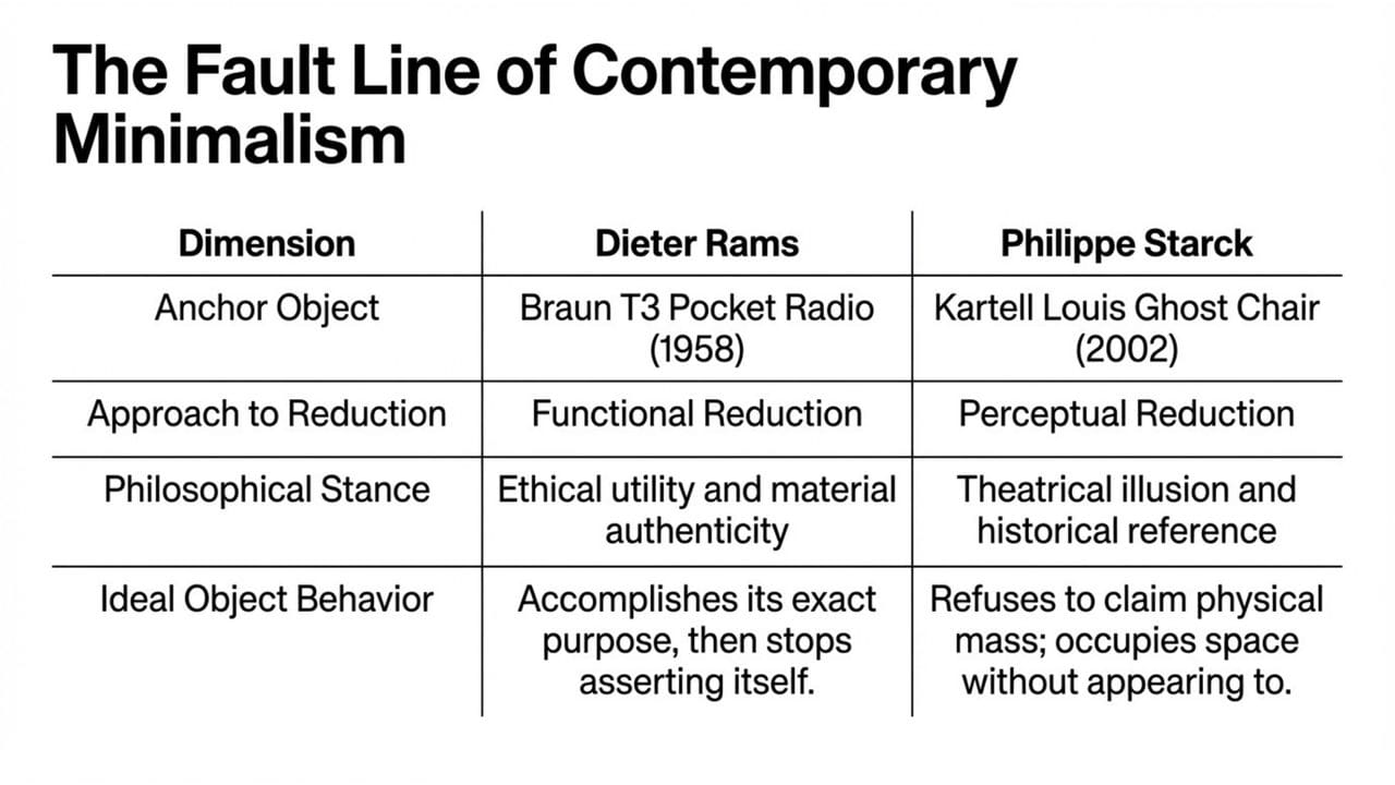 Dieter Rams versus Philippe Starck: functional reduction versus perceptual reduction, ethical utility versus theatrical illusion
