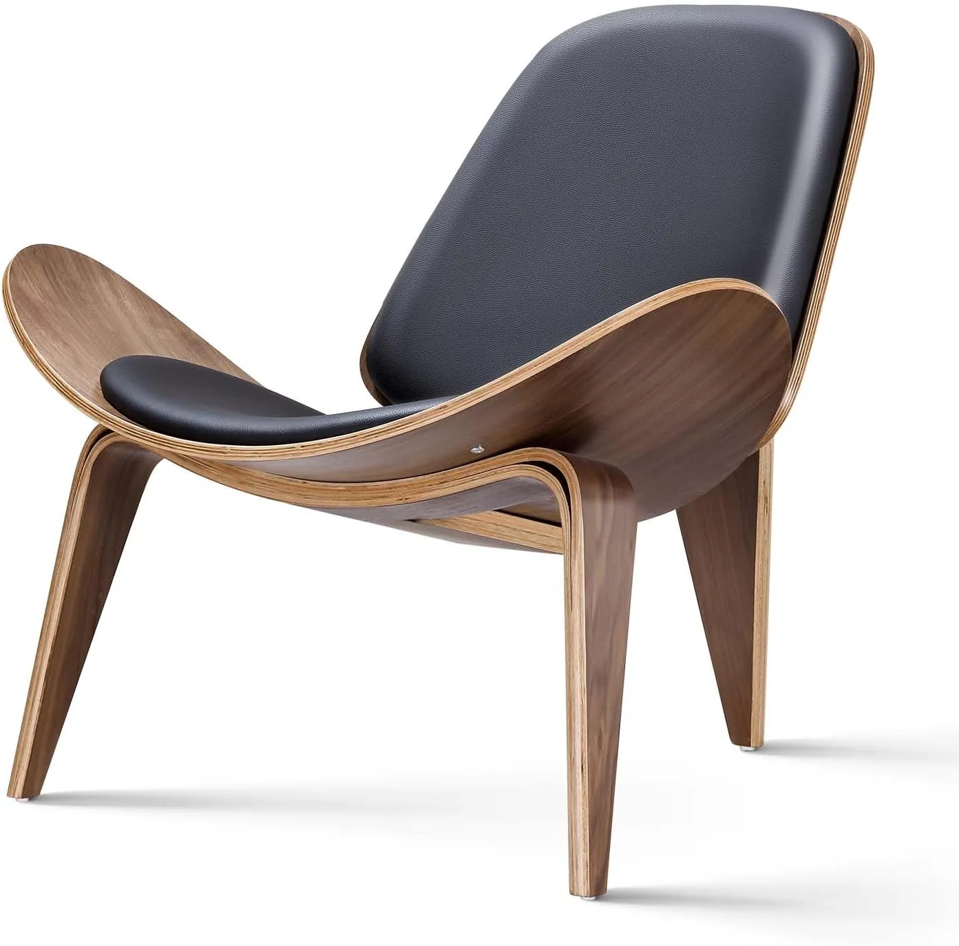 Furgle mid century modern shell lounge chair walnut plywood with black leather cushion