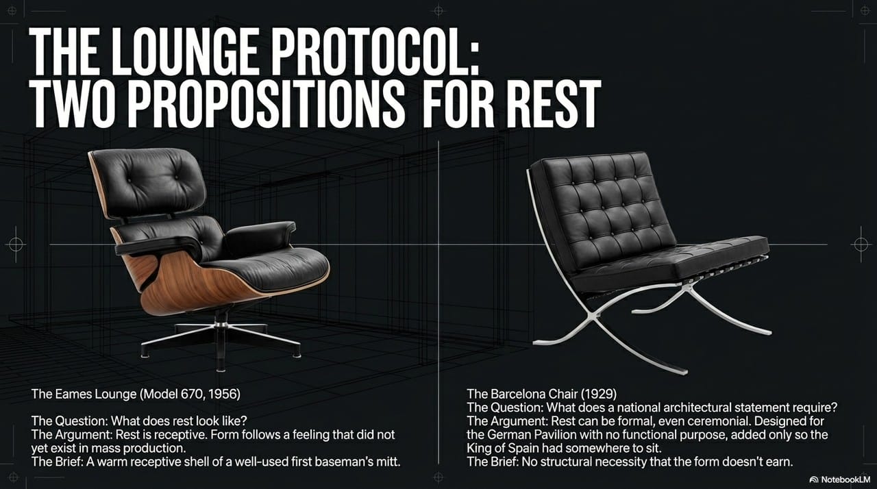 The lounge protocol — Eames Lounge and Barcelona Chair compared