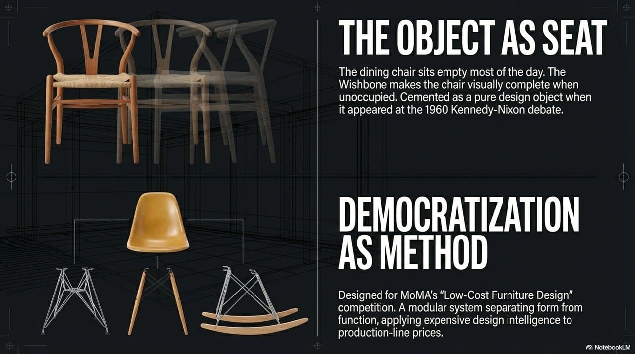 The object as seat and democratization as method — Wishbone and Eames DSW