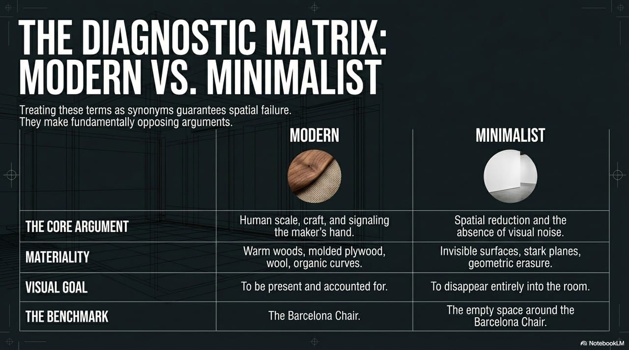 The diagnostic matrix — modern vs minimalist interior design