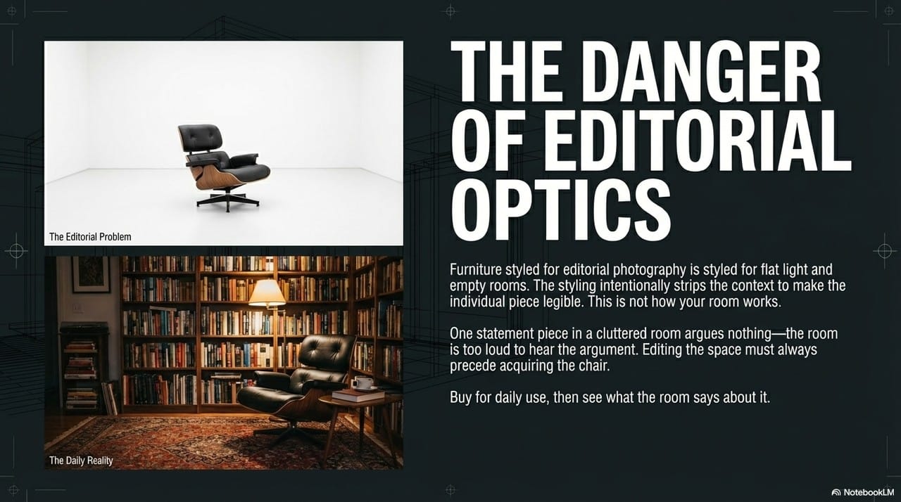 The danger of editorial optics — Eames Lounge Chair in real rooms