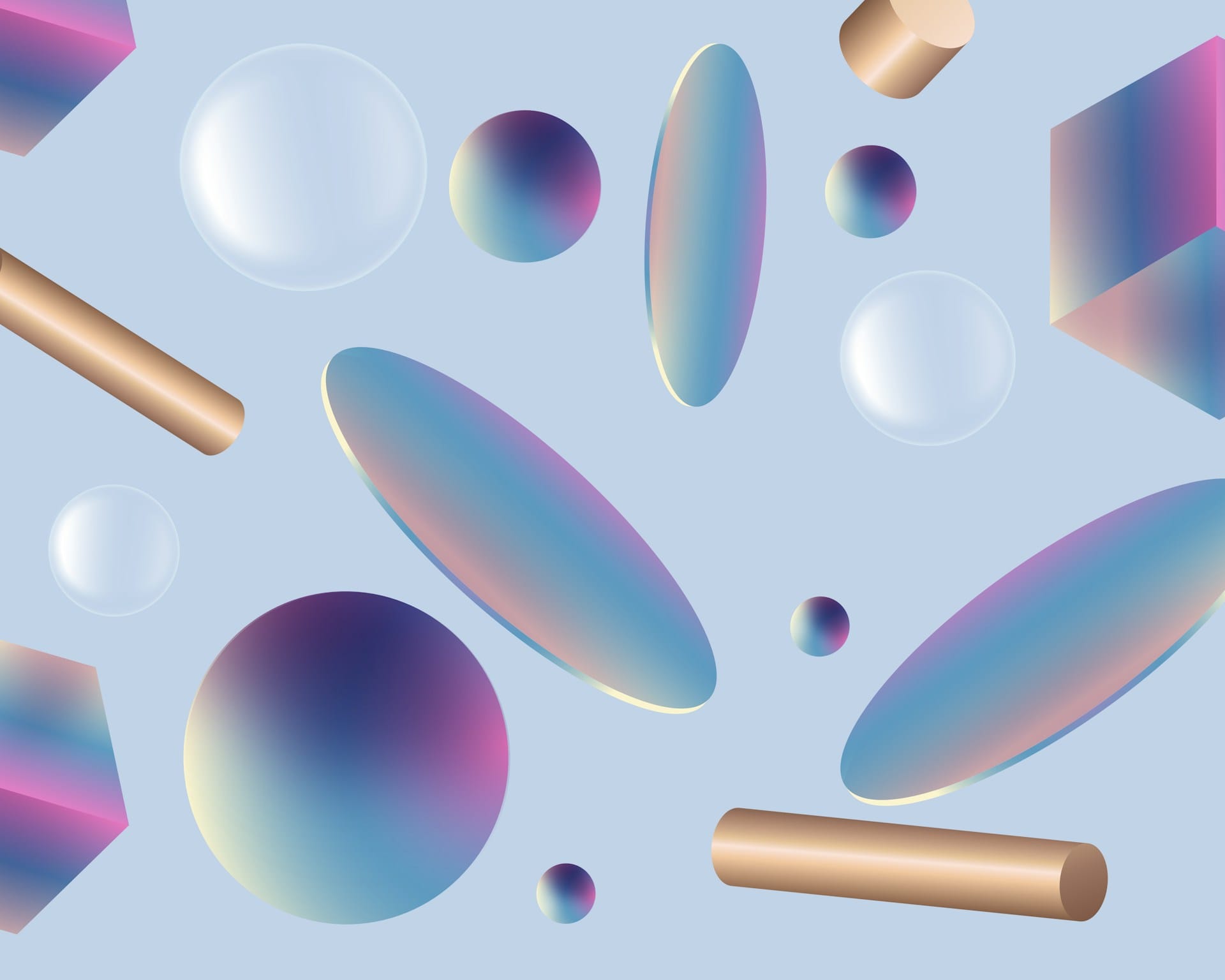 Floating colorful geometric shapes representing the playful design philosophy of leading design brands and ateliers