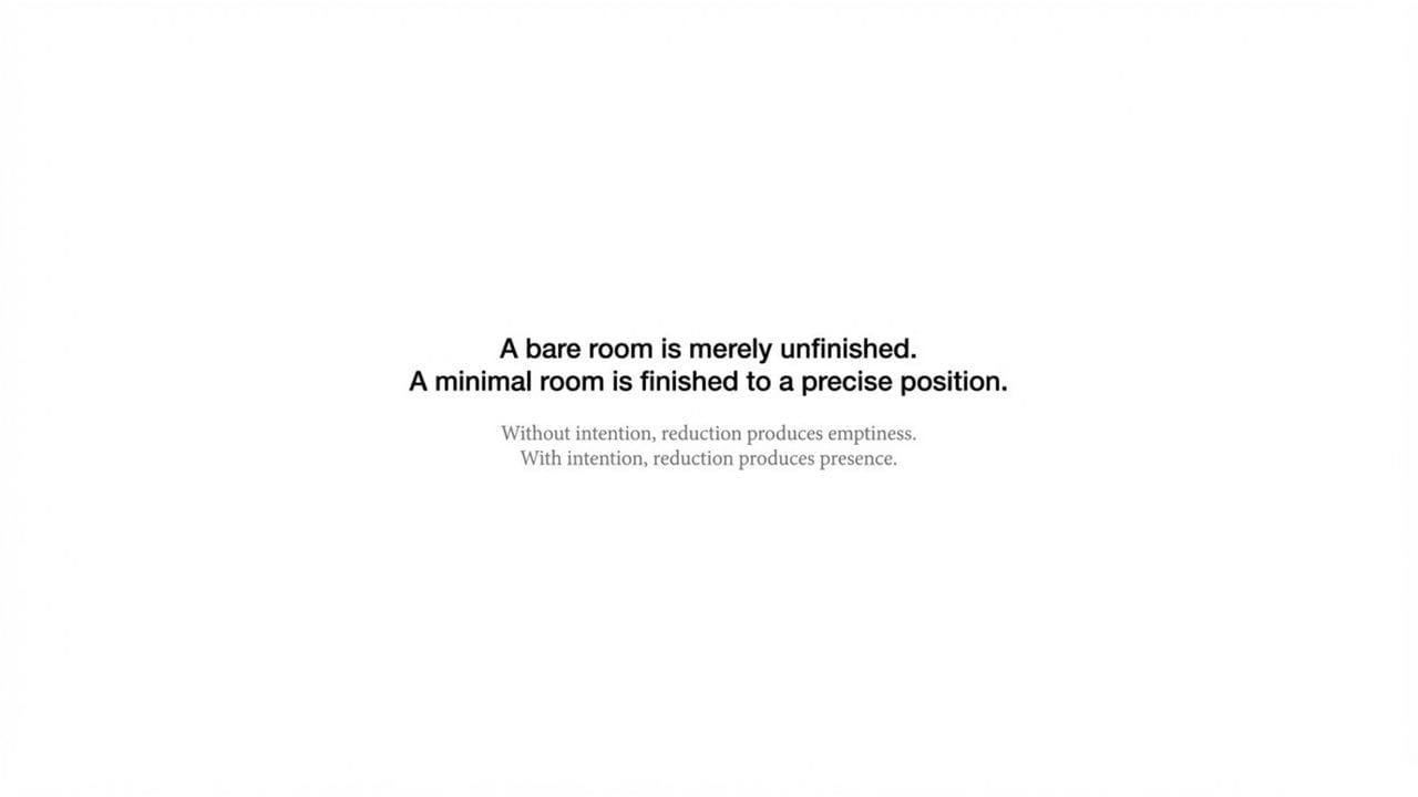 A bare room is merely unfinished. A minimal room is finished to a precise position. Without intention, reduction produces emptiness; with intention, reduction produces presence.