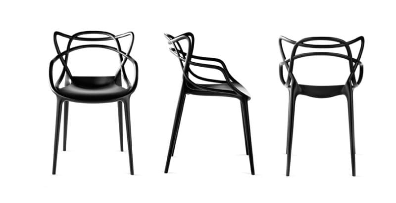 Kartell Masters chair by Philippe Starck shown from front, side, and rear angles in black polypropylene
