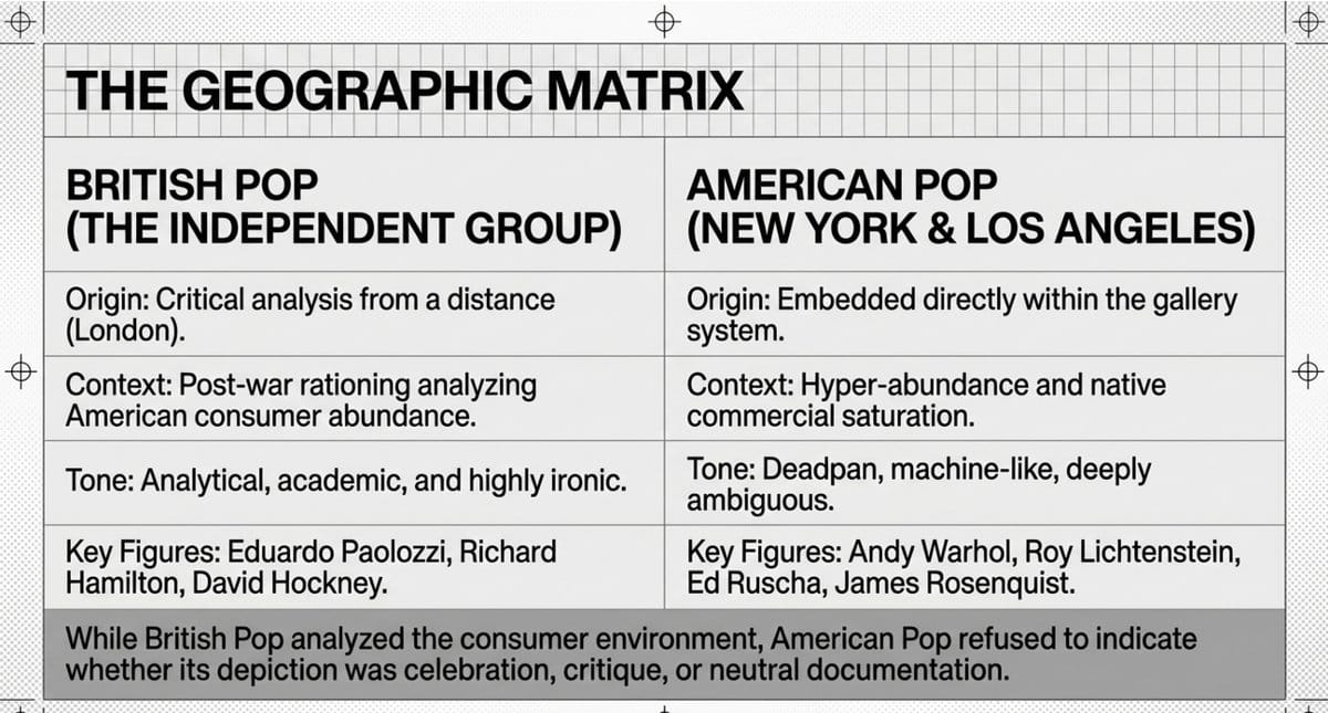 Diagram comparing British Pop Art analytical critical distance versus American Pop Art deadpan commercial saturation — Hamilton, Paolozzi, Warhol, Lichtenstein