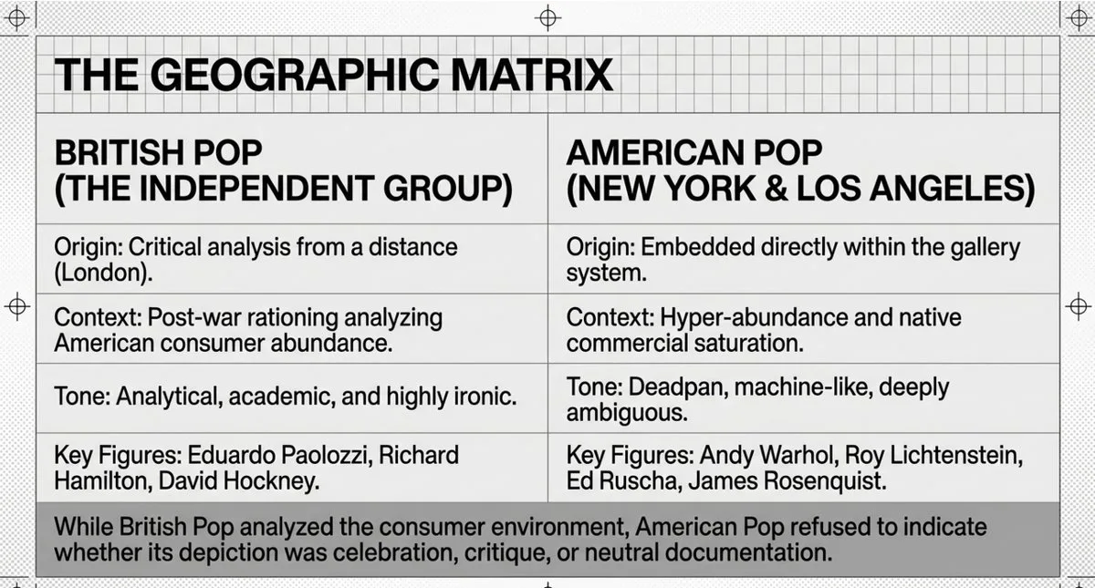 Diagram comparing British Pop Art analytical critical distance versus American Pop Art deadpan commercial saturation — Hamilton, Paolozzi, Warhol, Lichtenstein