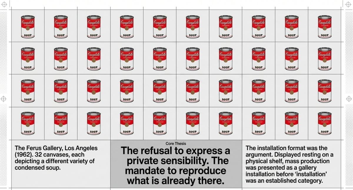 Andy Warhol Campbell's Soup Cans 1962 — 32 canvases hung like a supermarket shelf at Ferus Gallery Los Angeles