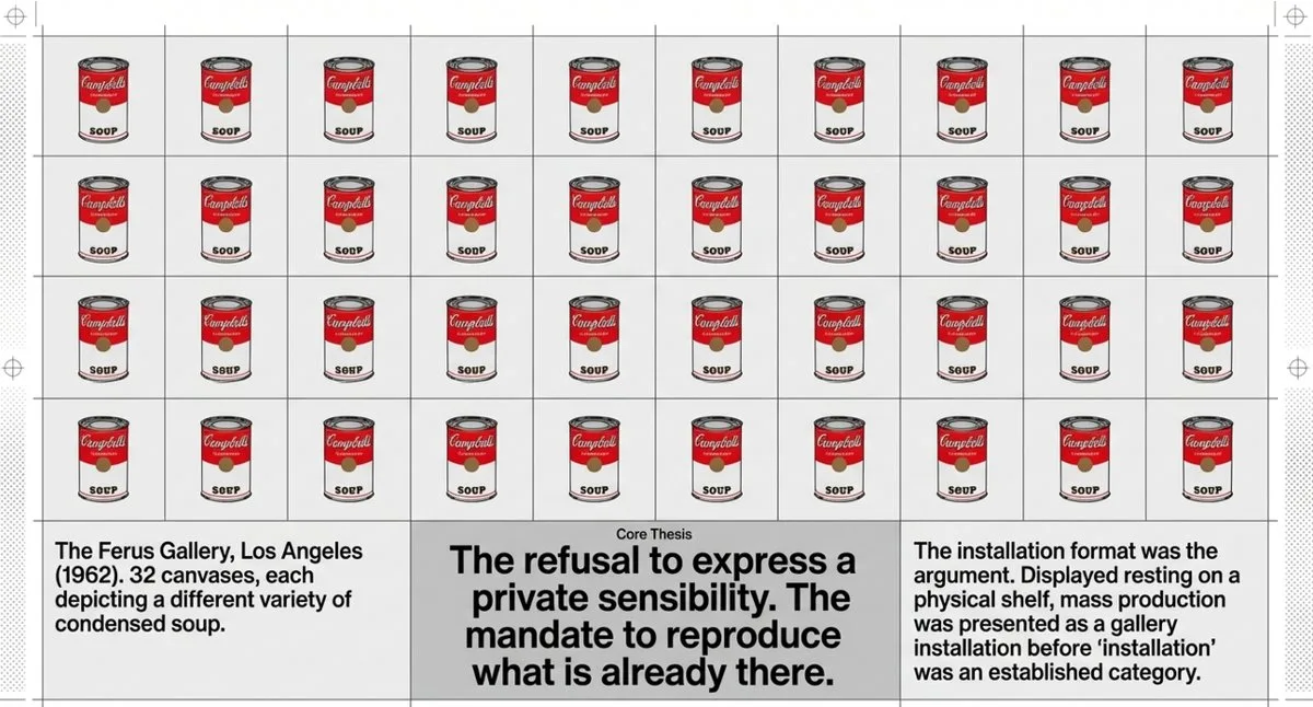 Andy Warhol Campbell's Soup Cans 1962 — 32 canvases hung like a supermarket shelf at Ferus Gallery Los Angeles