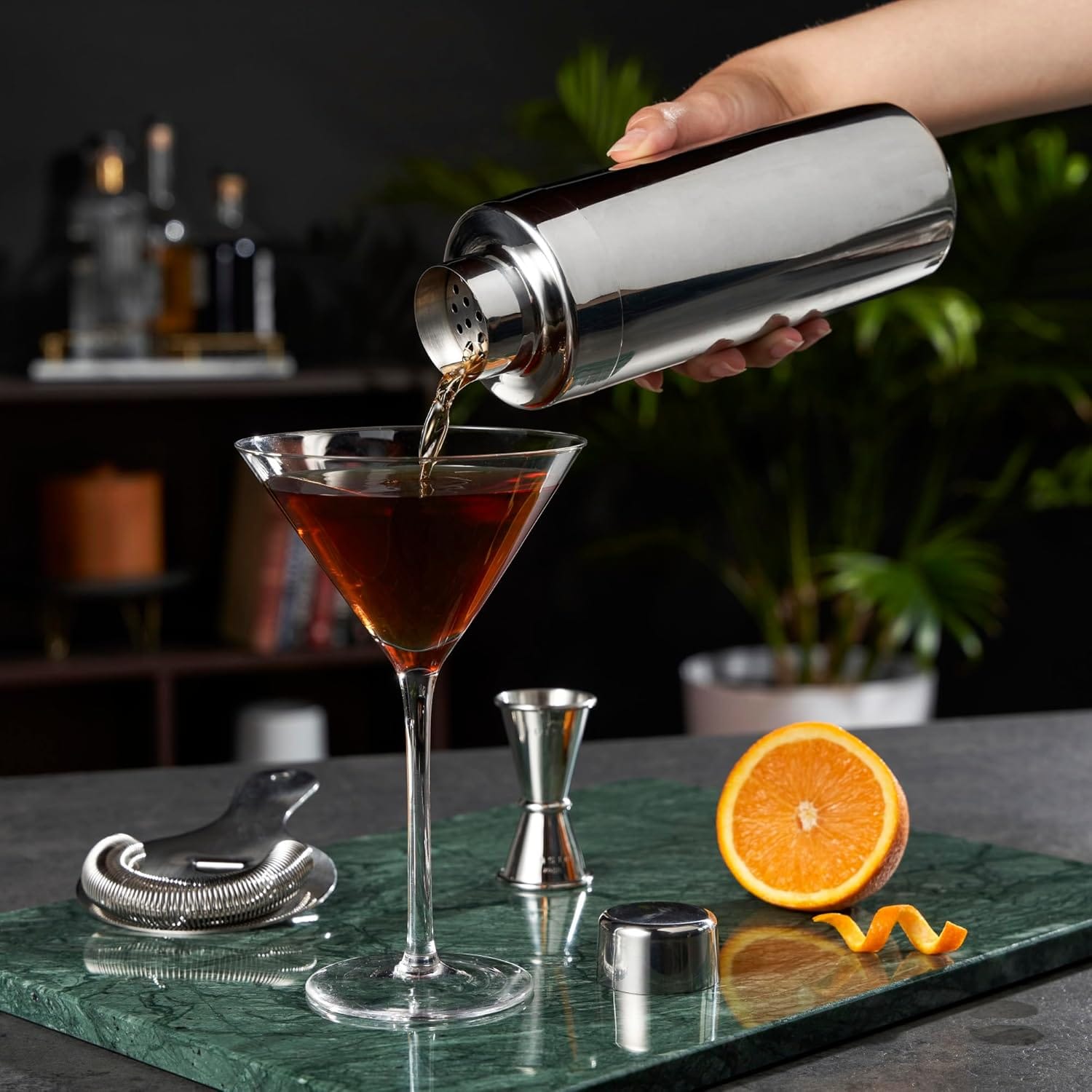 Viski Art Deco gold cocktail shaker with etched geometric detail