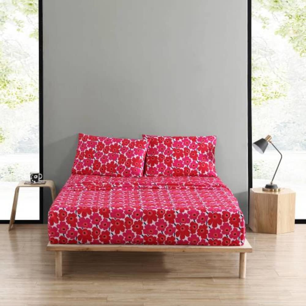 Marimekko Unikko sheet set in red and white, queen size, 200-thread-count cotton percale