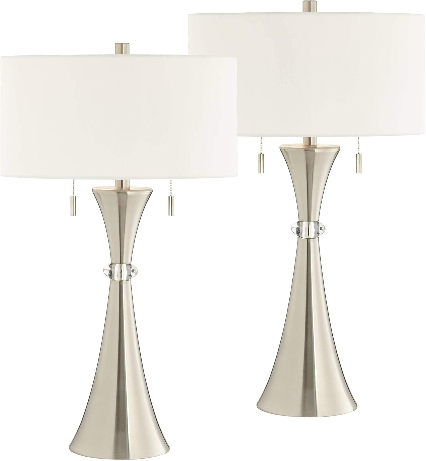 360 Lighting Rachel hourglass column table lamps set of 2, silver metal base, white drum shade