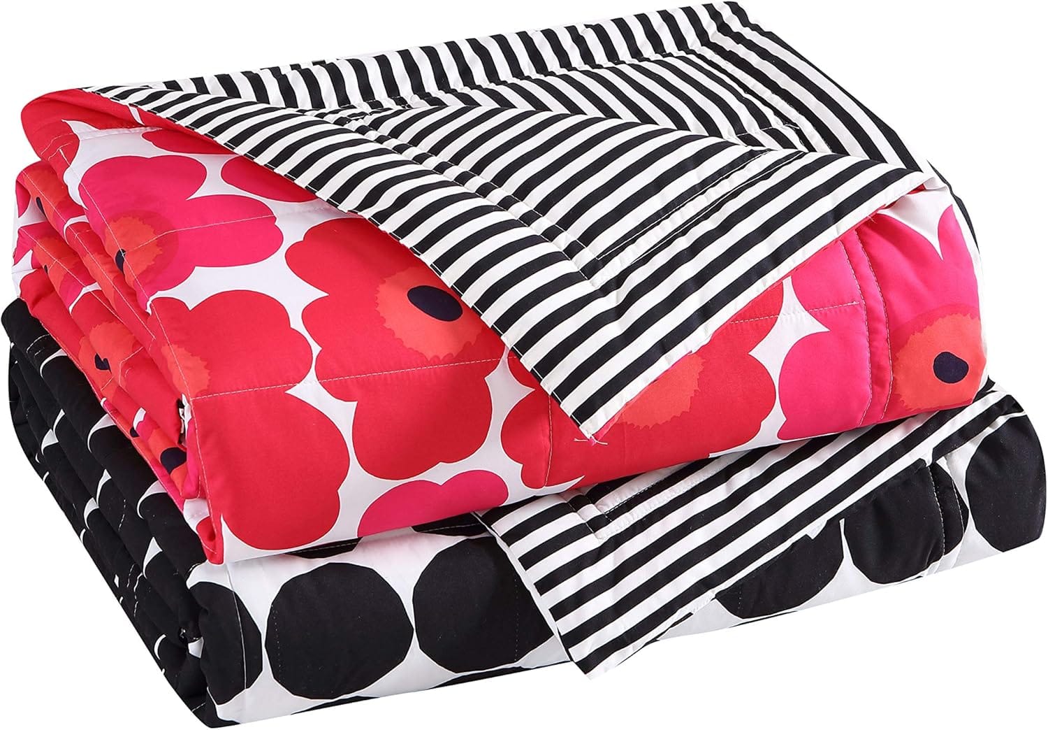 Marimekko Pieni Unikko throw blanket in red, reversible with Ajo stripe, Oeko-Tex certified