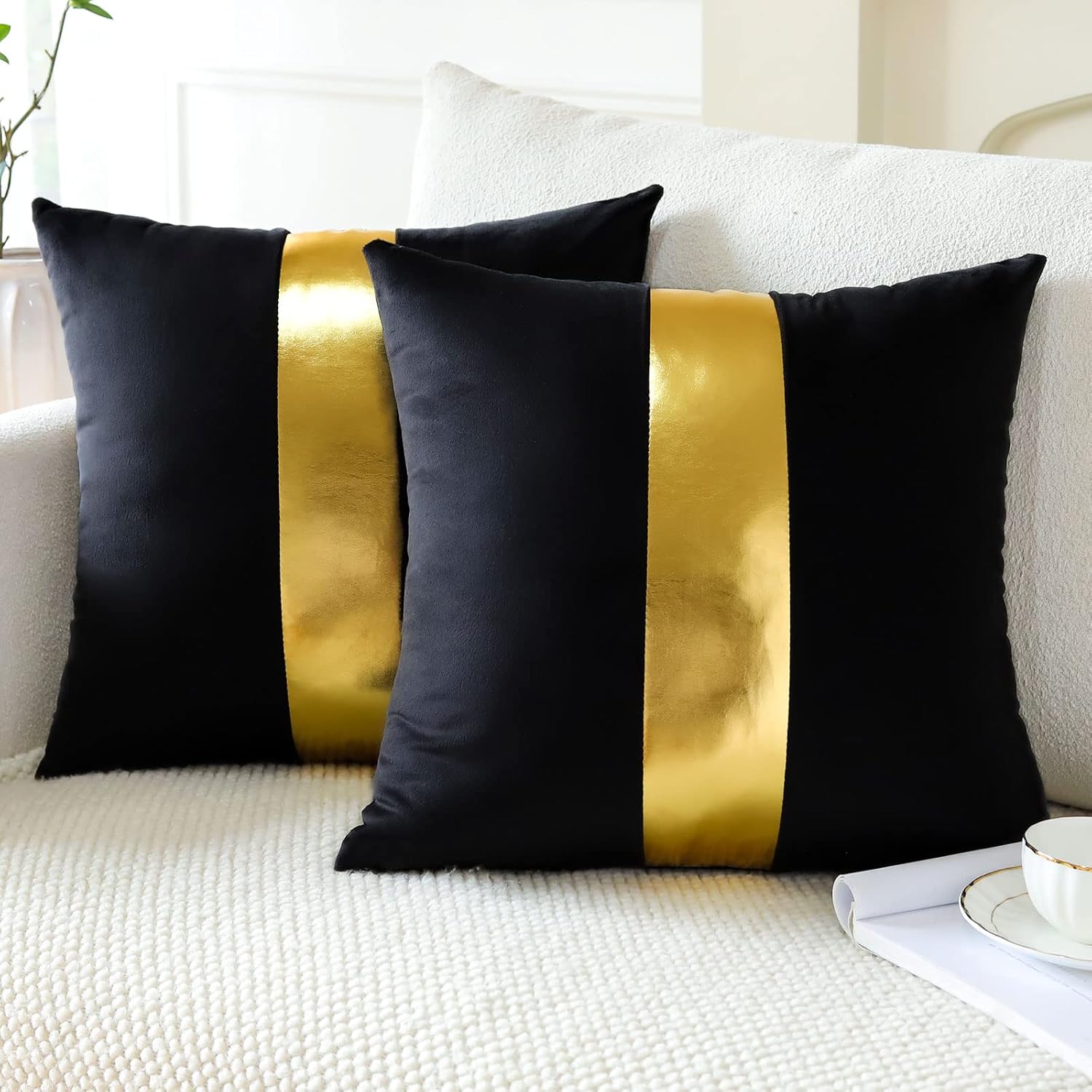 Artscope black velvet throw pillow covers with gold leather stitching, 18x18 inch set of 2