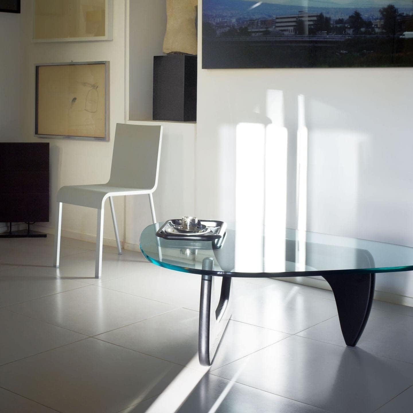 eChamp Noguchi-style coffee table, black solid wood base with triangular glass top