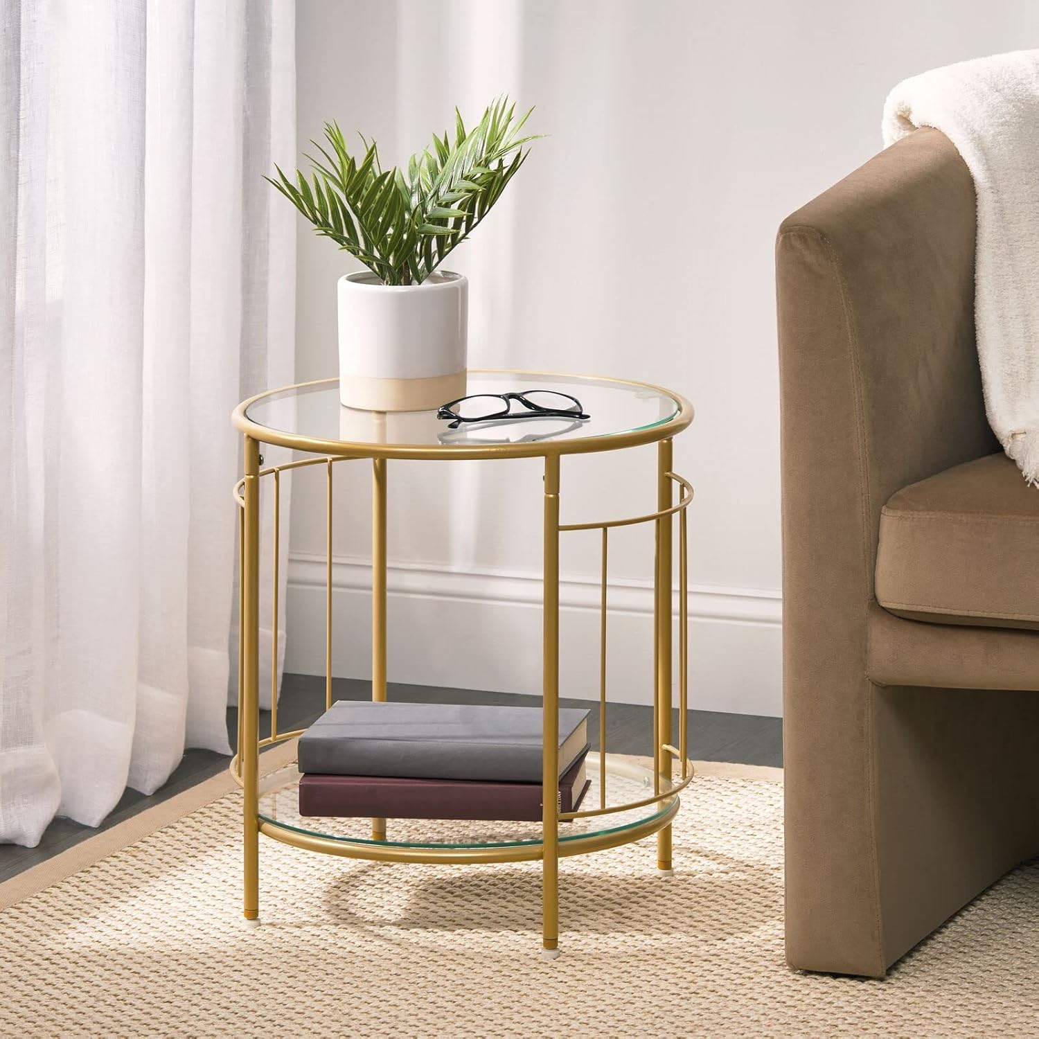mDesign glass top Art Deco round geometric side table in soft brass