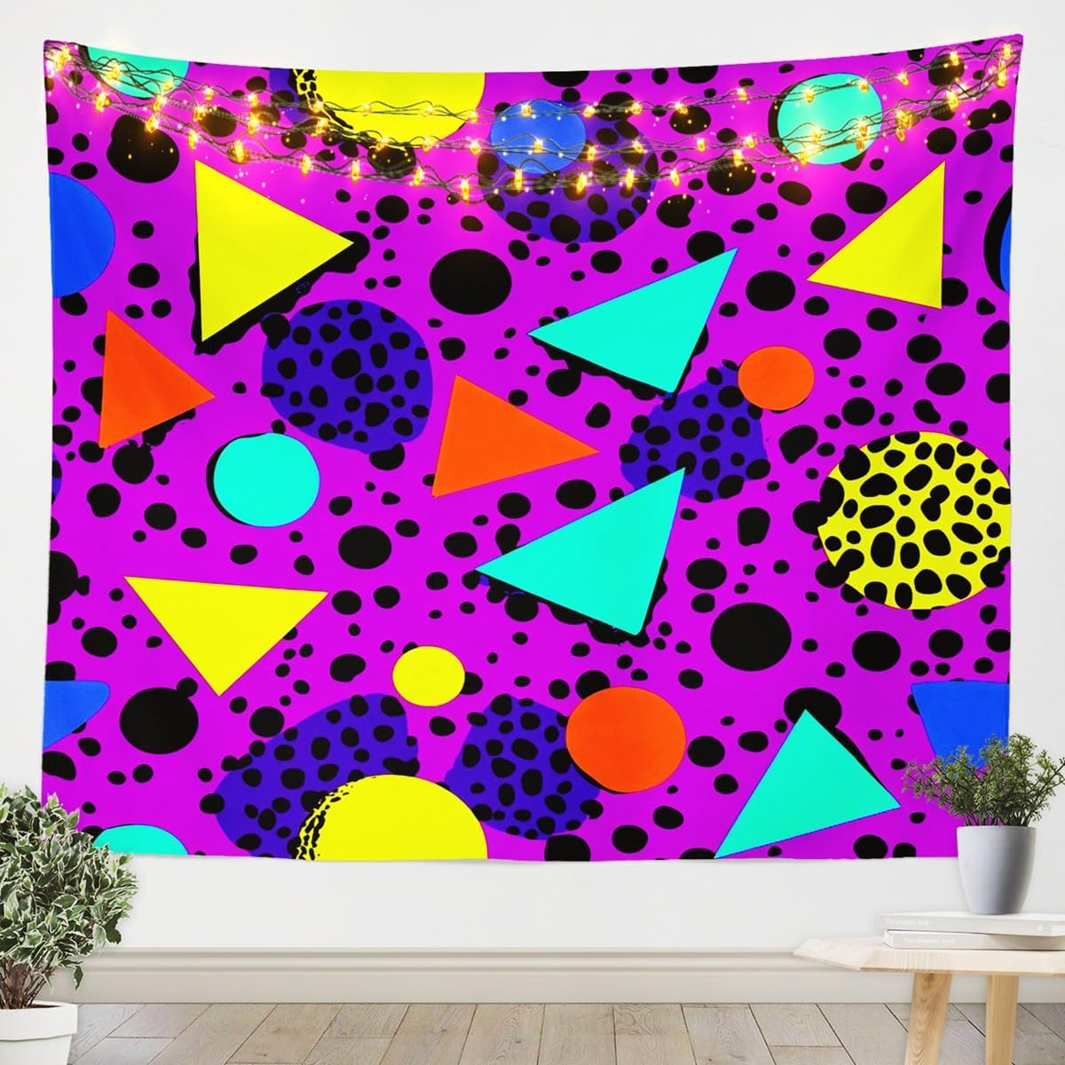 Memphis geometric framed wall art print in yellow and blue halftone pattern