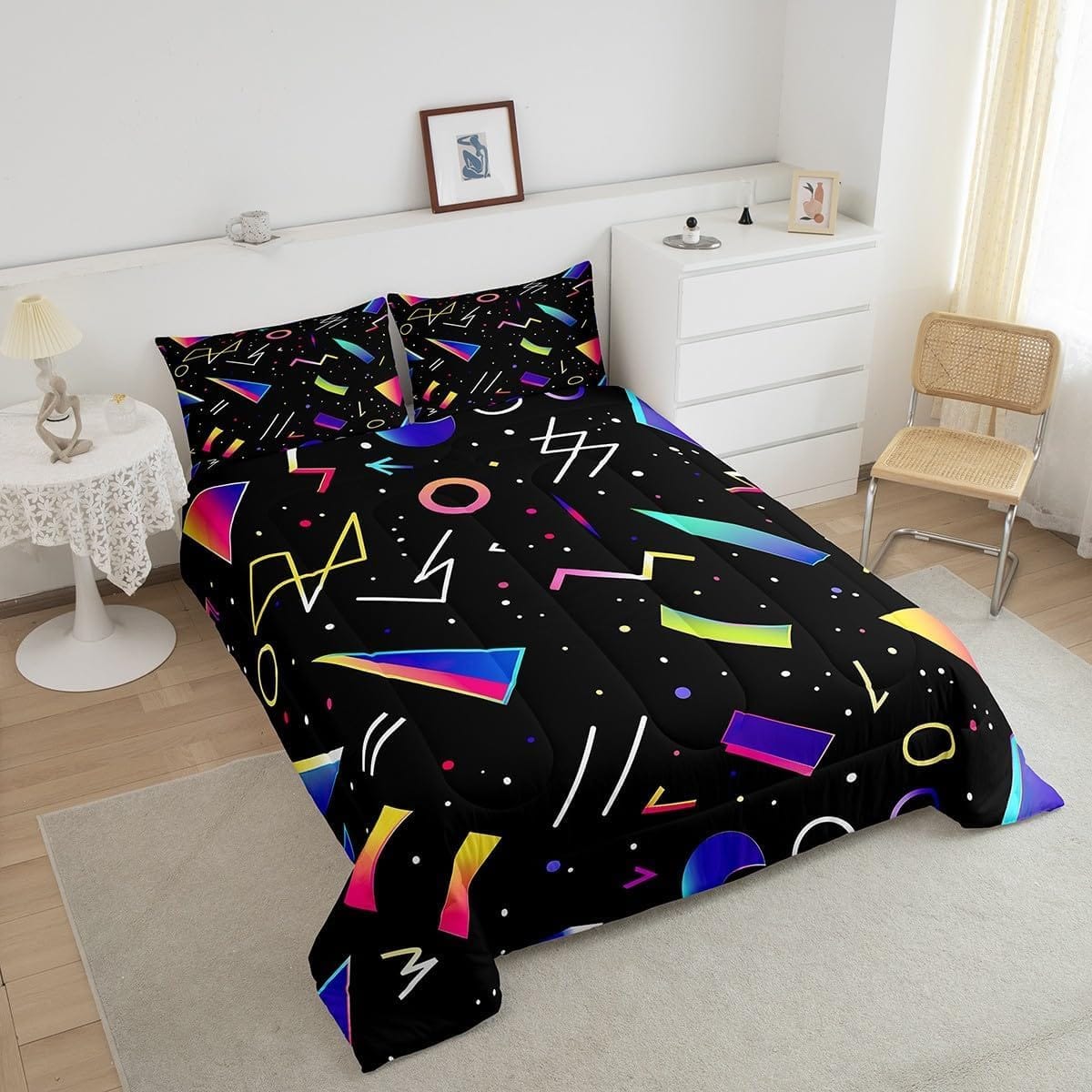Memphis pattern comforter set queen, bold geometric shapes in primary colors