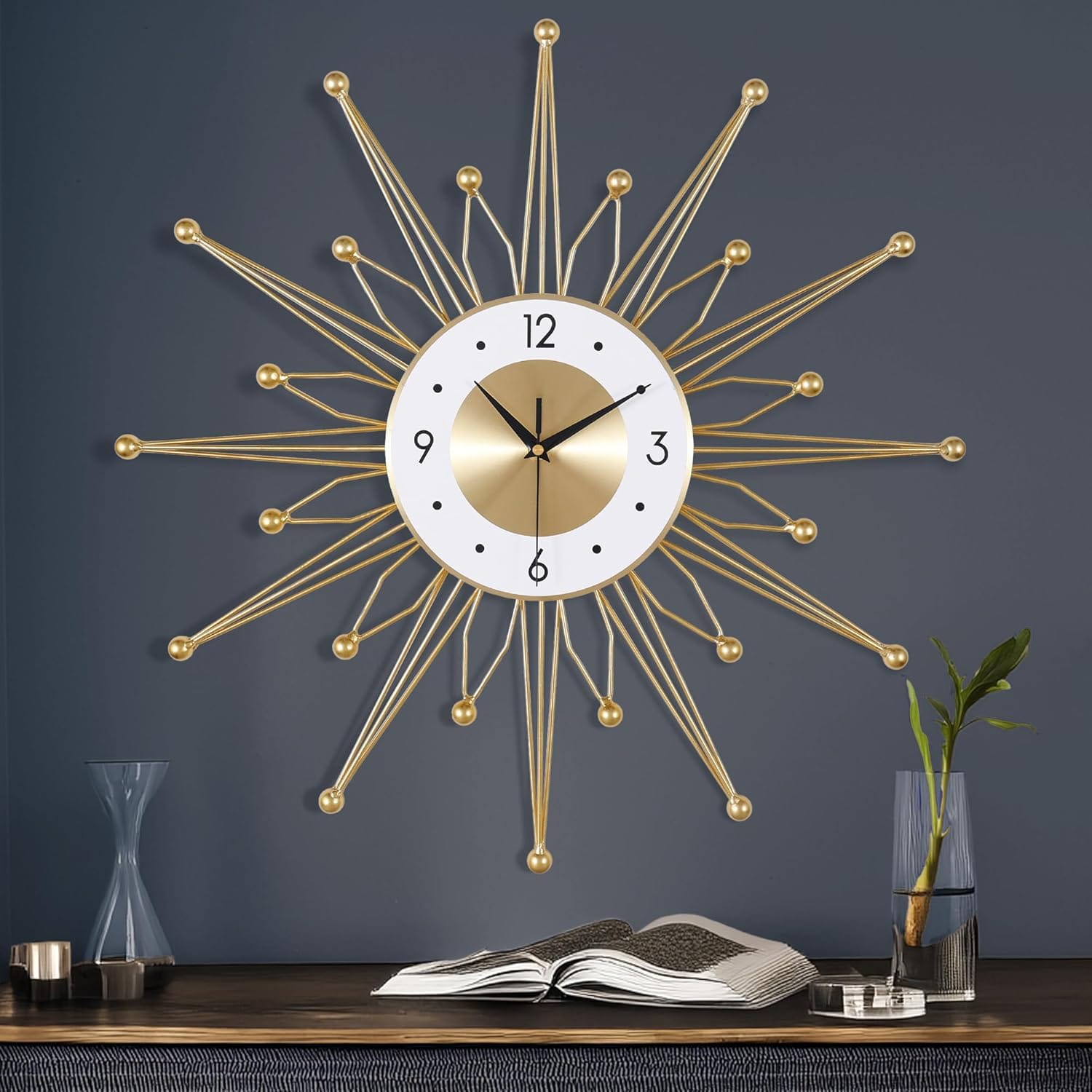 Lafocuse 23-inch cast iron gold sunburst wall clock with starburst ray design