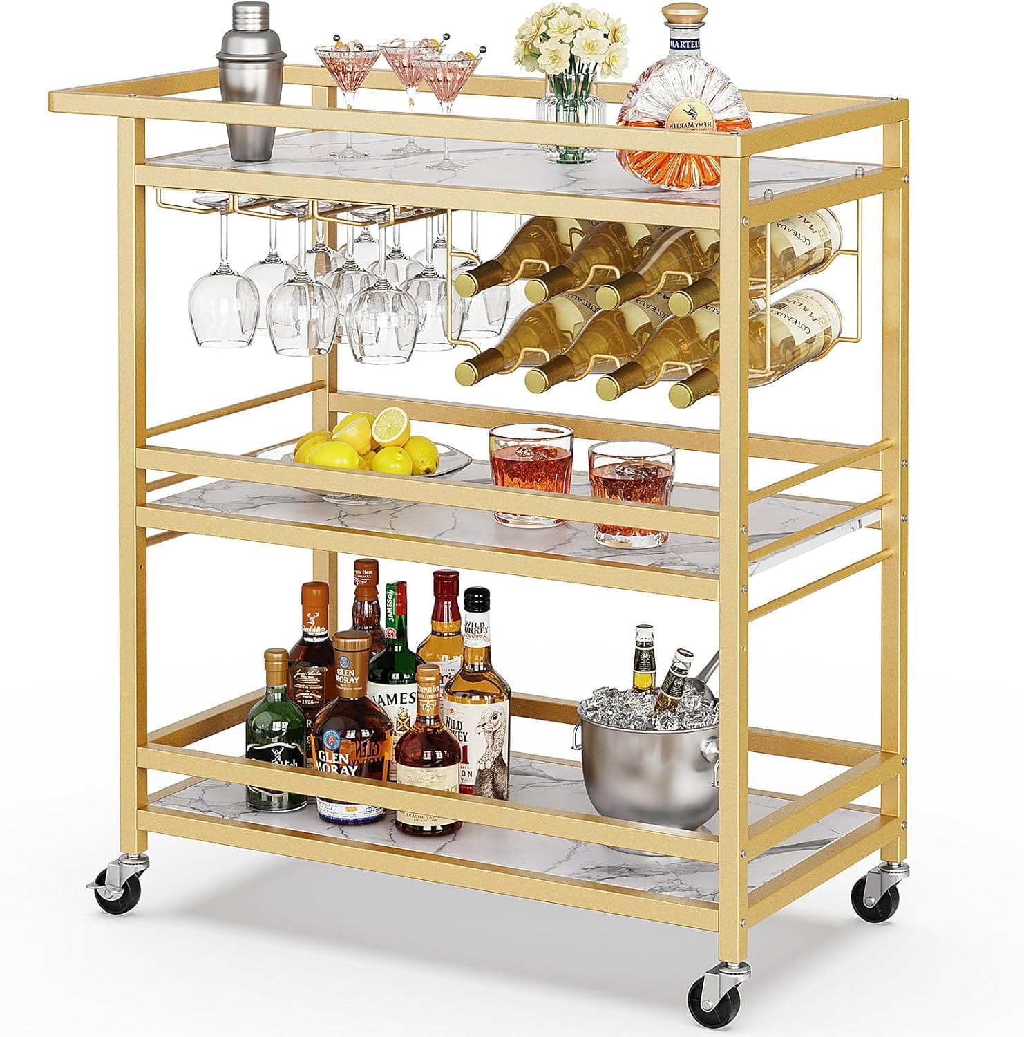 Art Deco geometric gold bar cart, mirrored shelves, geometric rail design