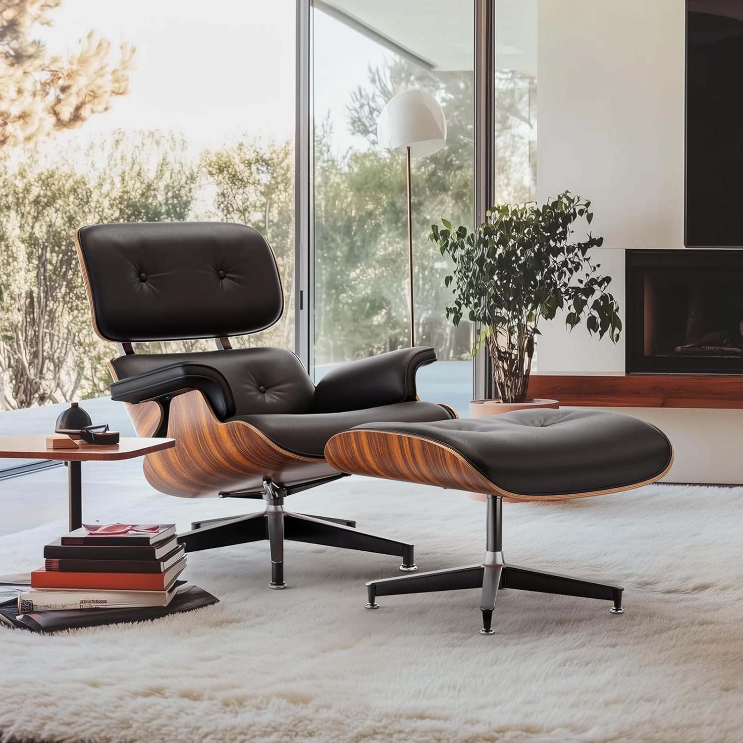Eames Lounge Chair and Ottoman reproduction with three-shell plywood construction and aluminum base