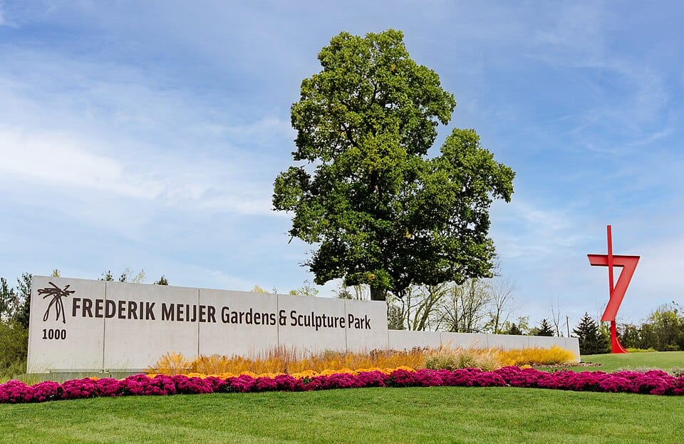 Aerial view of the outdoor sculpture grounds at Frederik Meijer Gardens, Grand Rapids, Michigan