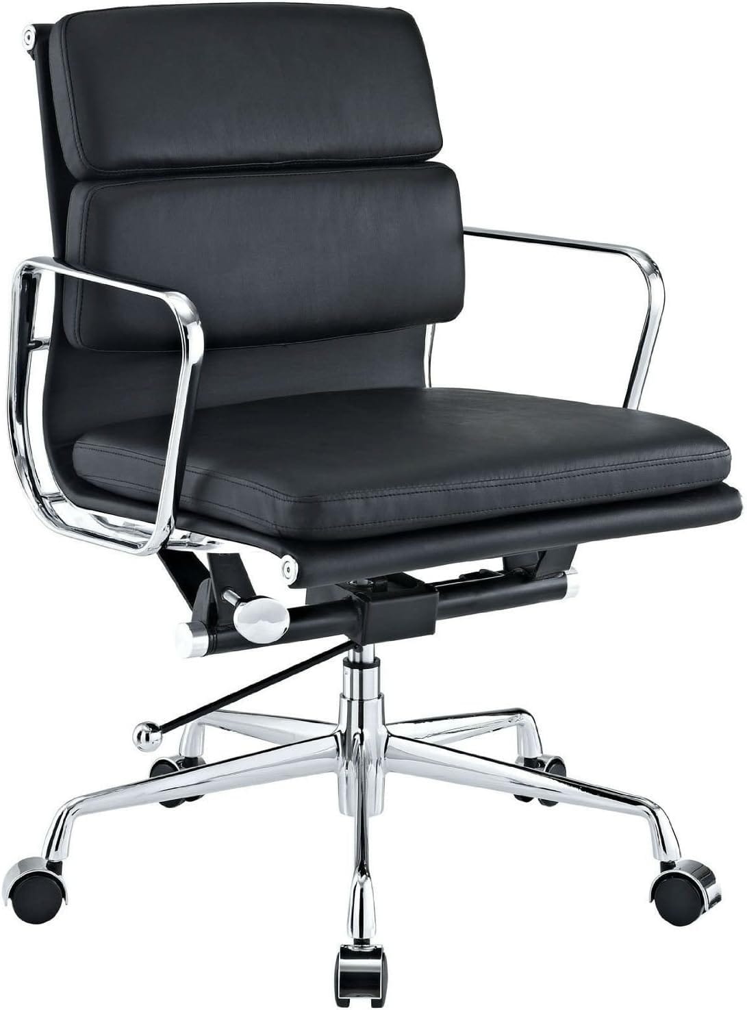 Mid-back Eames-style soft pad office chair in black aniline leather