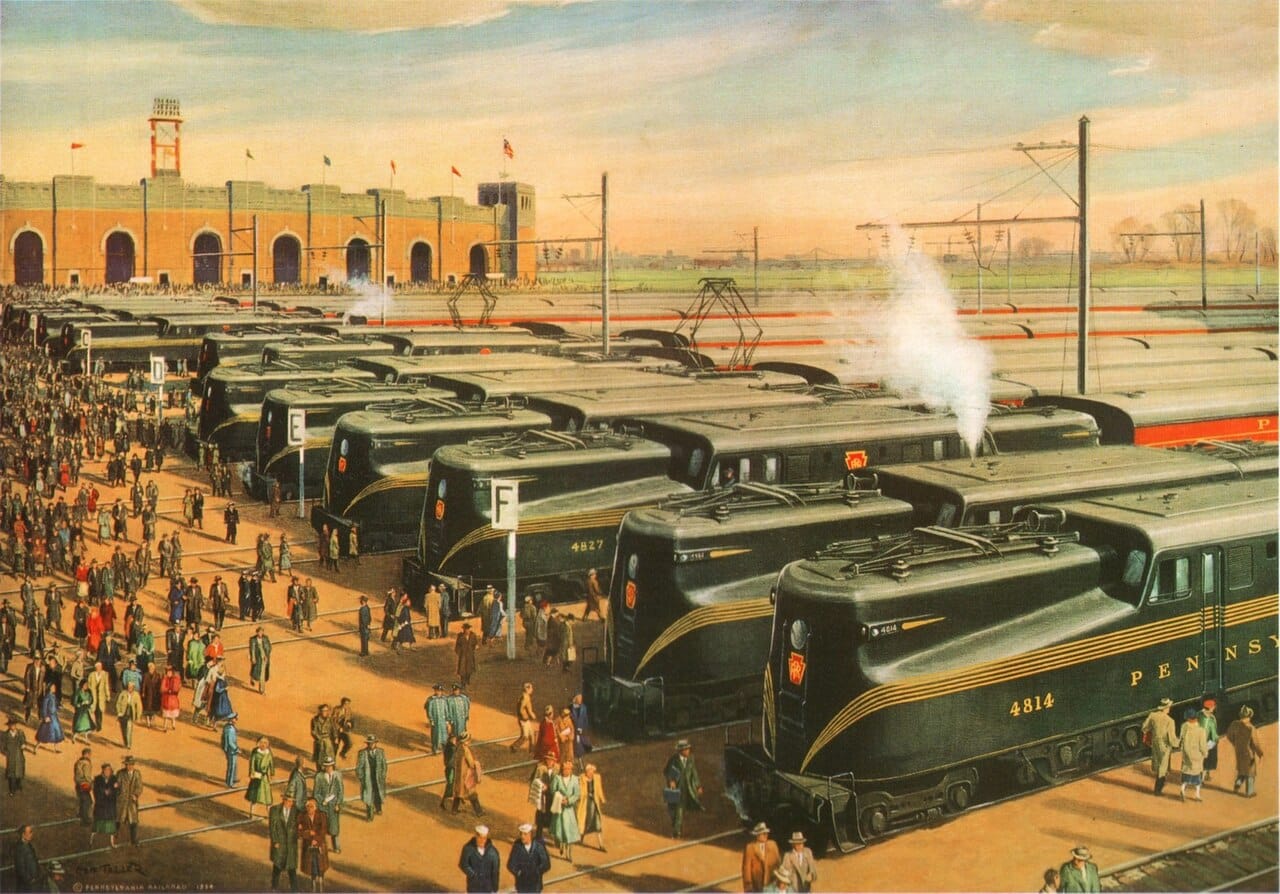Raymond Loewy's Pennsylvania Railroad GG1 locomotive, 1934-1935, showing the welded carbody and five-stripe 'cat whiskers' livery that defined Streamline Moderne