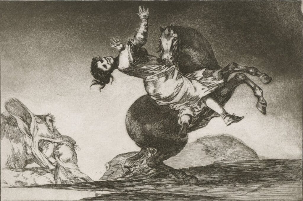 Francisco Goya, A Woman and a Horse Let Someone Else Master Them, etching aquatint drypoint 1819-1823, rearing horse carrying woman