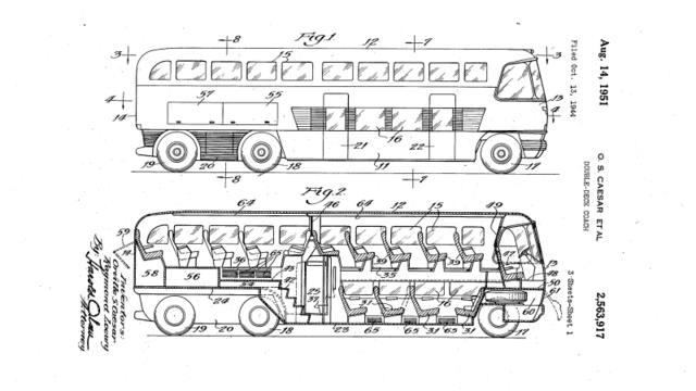 US patent drawing for a double-deck railroad coach designed by Raymond Loewy and O.S. Ceasar — the kind of primary source the autobiography describes but cannot show
