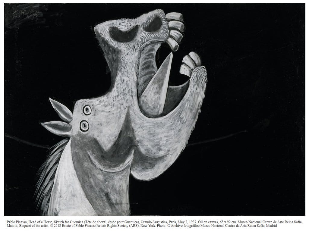 Pablo Picasso, Head of a Horse, sketch for Guernica, 1937, screaming wounded horse with dagger tongue