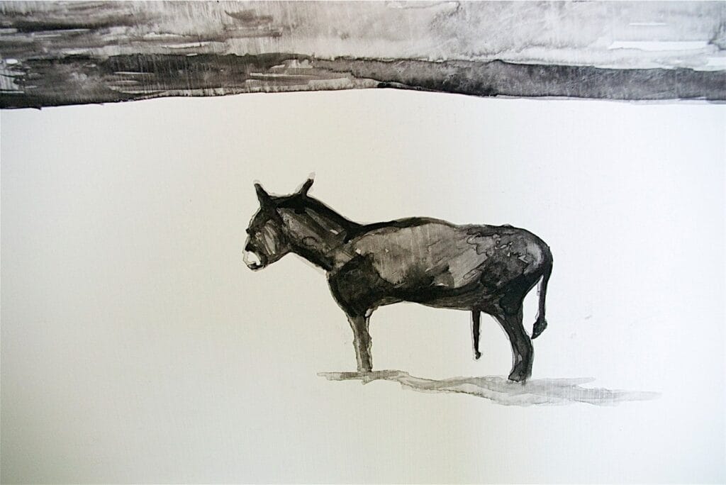 Joe Post, Lone Equestrian, india ink on canvas, single horse standing without rider