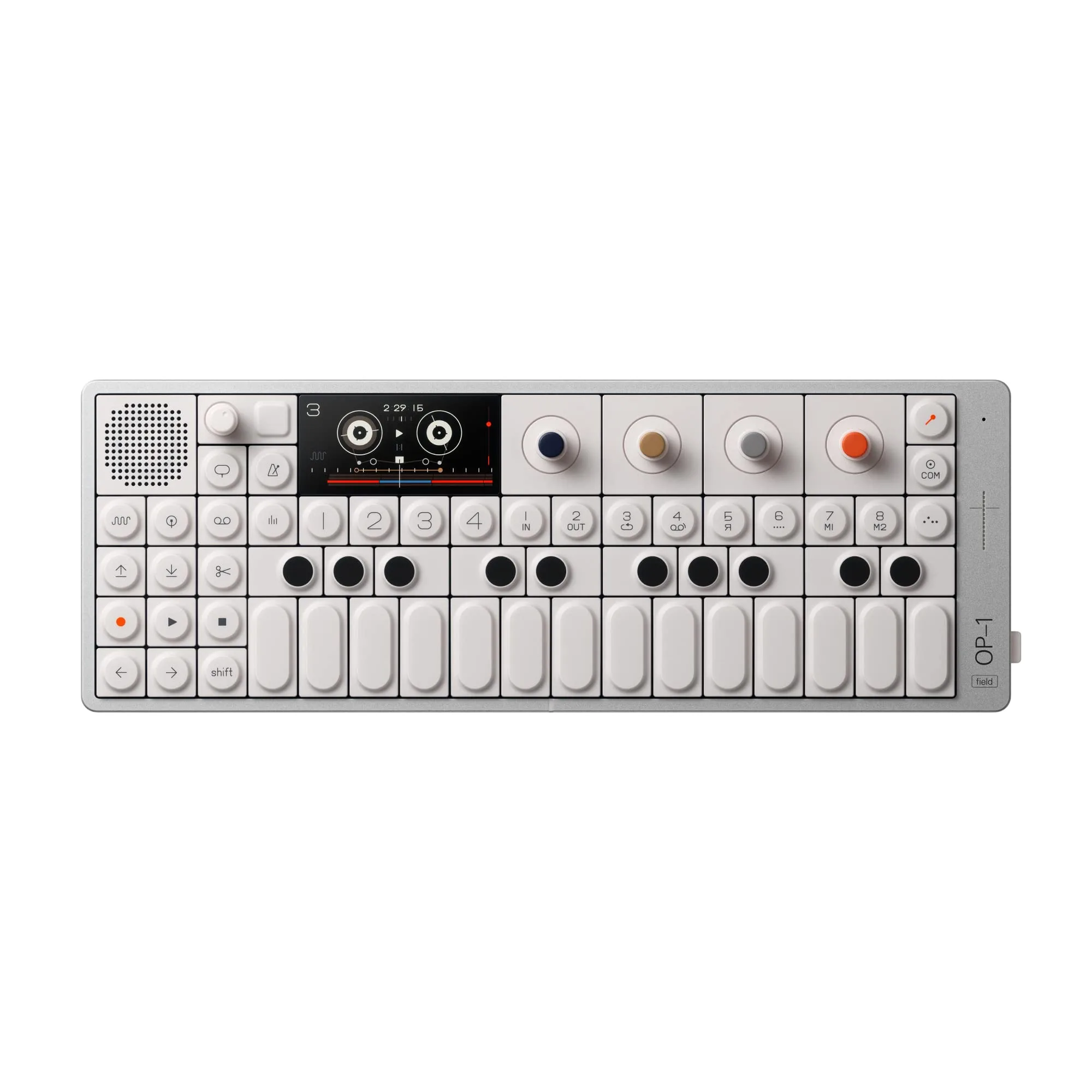 Teenage Engineering OP-1 Field portable synthesizer in white showing keyboard and AMOLED display
