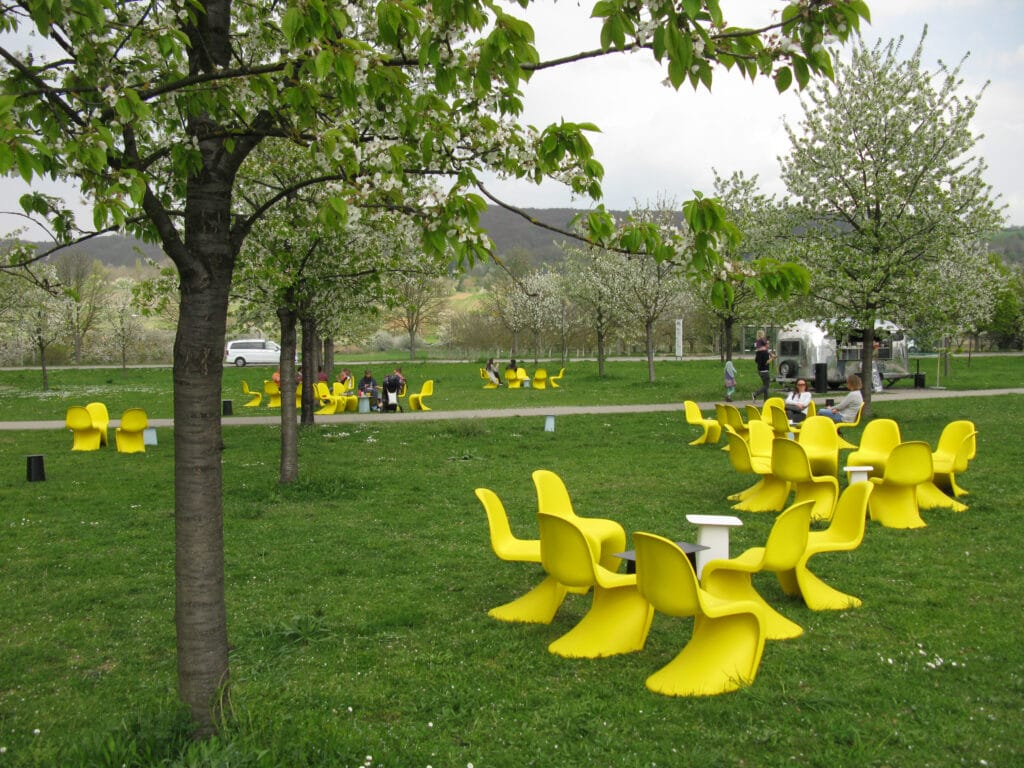 Panton chairs in multiple colors at Vitra Campus, Weil am Rhein