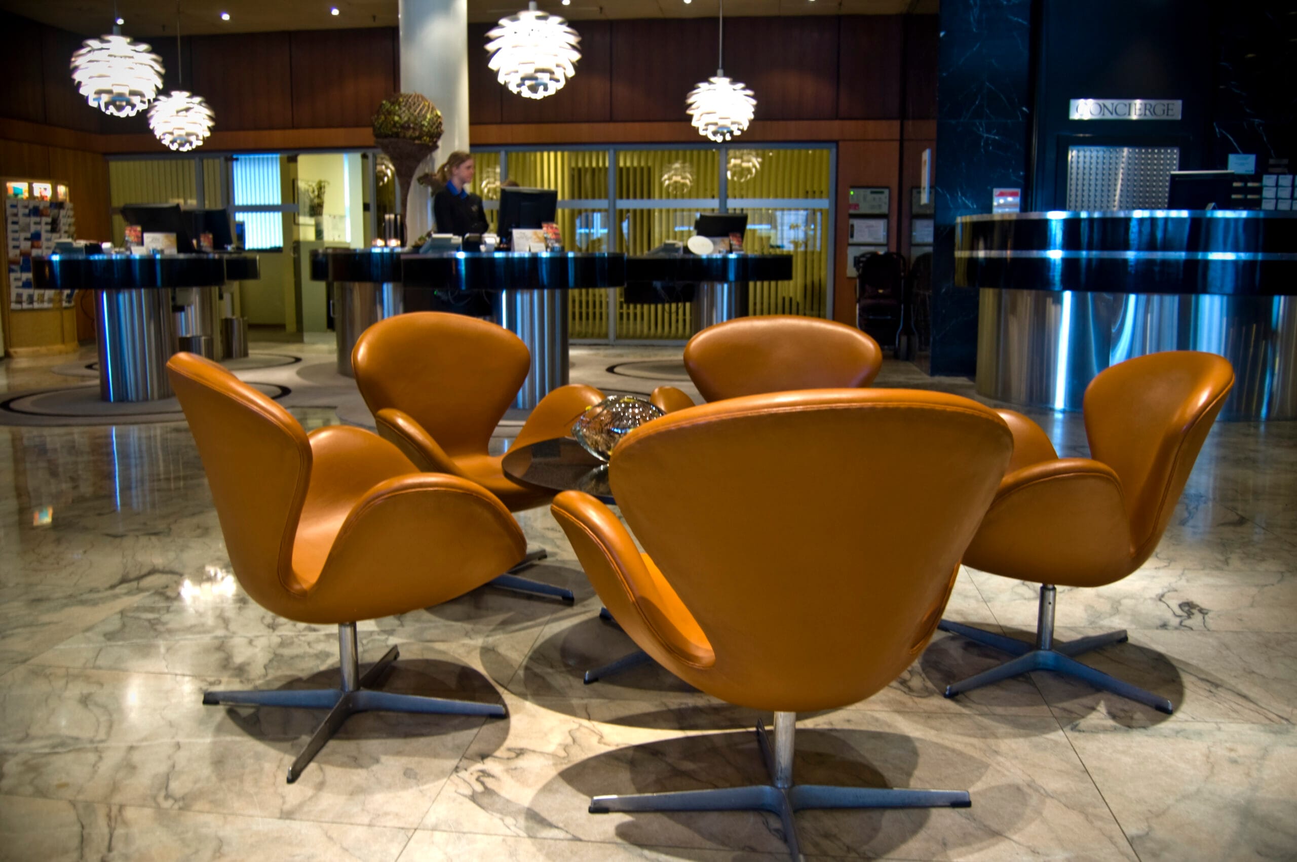 SAS Royal Hotel Copenhagen lobby featuring Arne Jacobsen Swan chairs