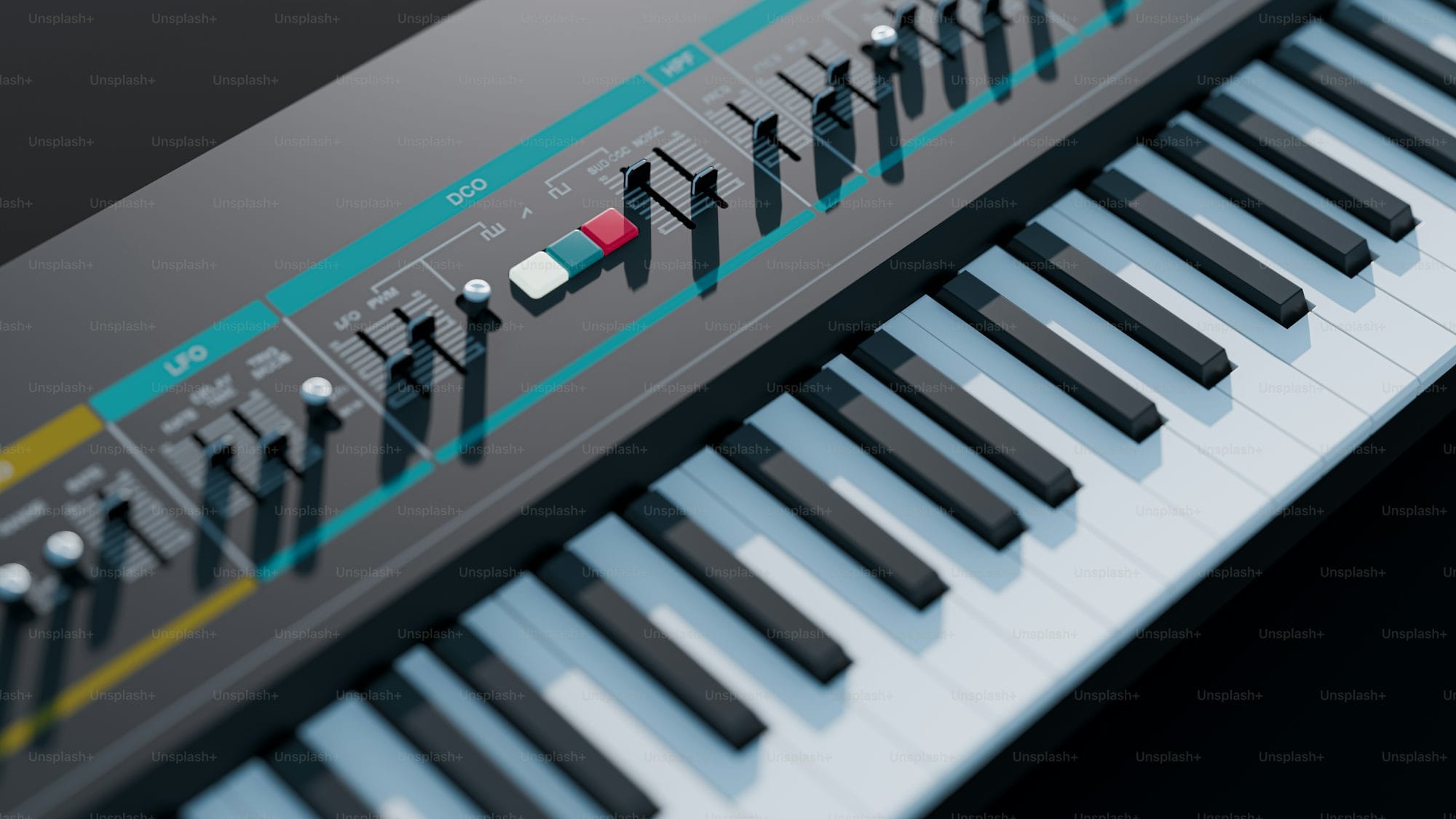 Portable electronic instruments arranged on a minimal desk surface