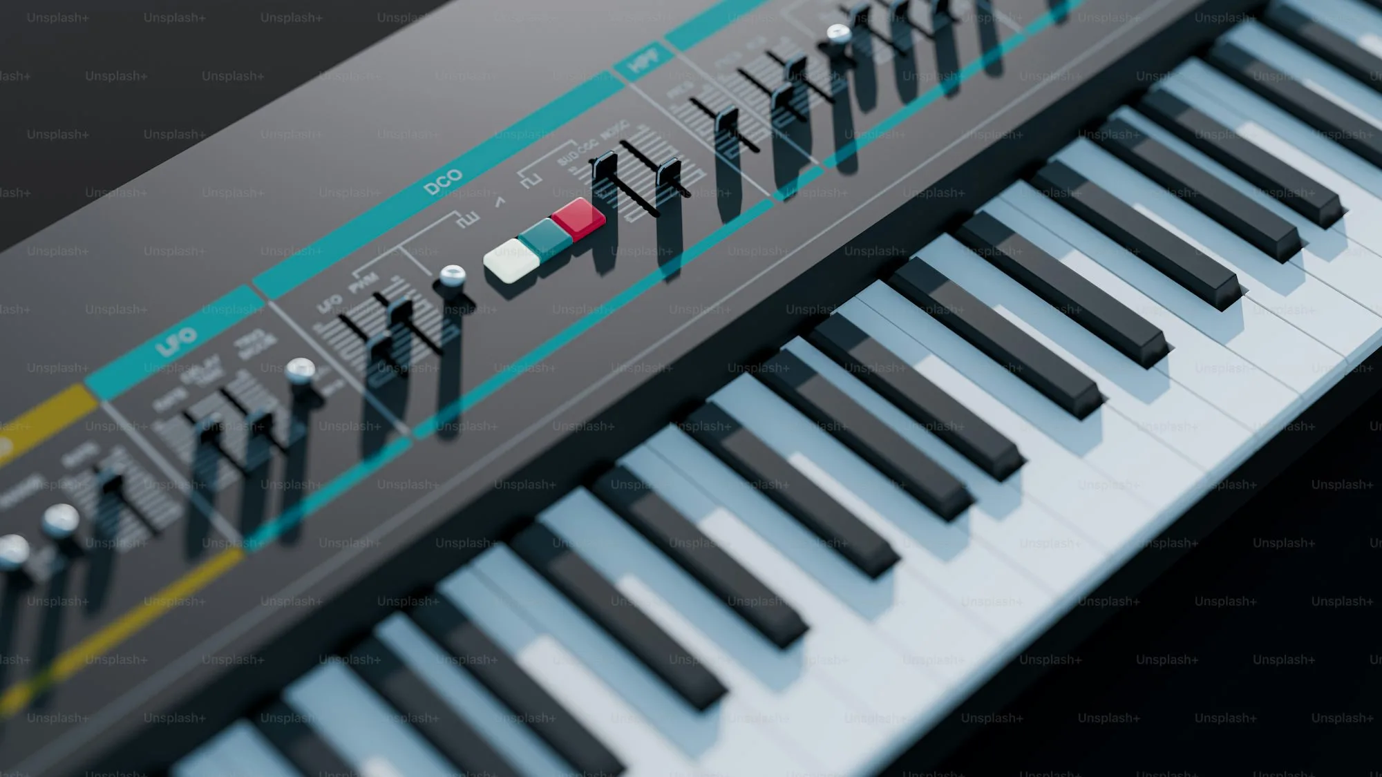 Portable electronic instruments arranged on a minimal desk surface
