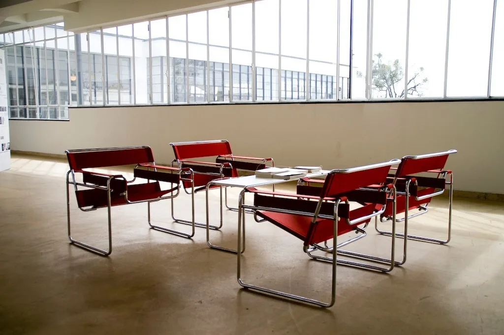 Wassily Chairs by Marcel Breuer at the Bauhaus Dessau, 1925-26, tubular steel furniture in modernist interior
